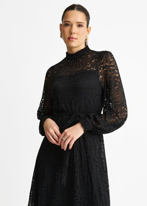 Vestido midi de encaje negro con cuello alto para ocasiones especiales - Image 2