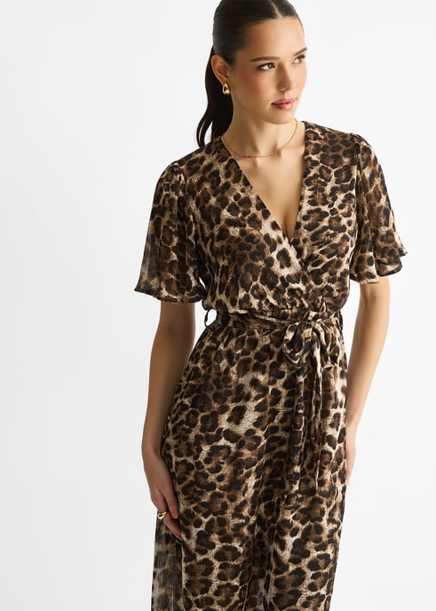 Vestido midi cruzado de gasa marrón con rayas de lurex animal print - Image 2