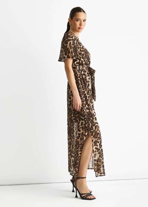 Vestido midi cruzado de gasa marrón con rayas de lurex animal print - Image 3