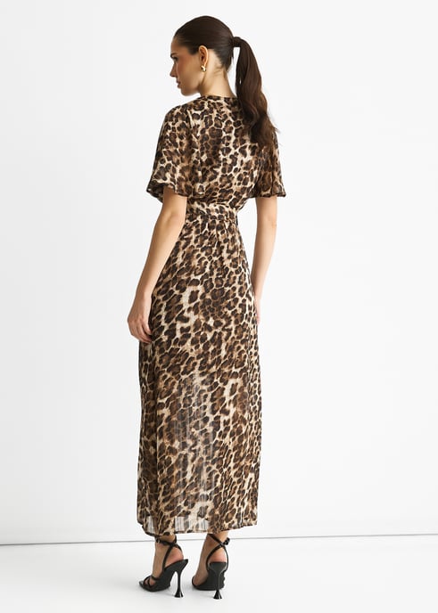 Vestido midi cruzado de gasa marrón con rayas de lurex animal print - Image 4