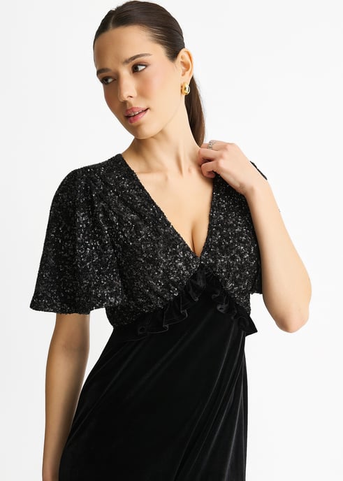 Vestido midi de terciopelo premium con top de lentejuelas negras para ocasiones especiales - Image 2