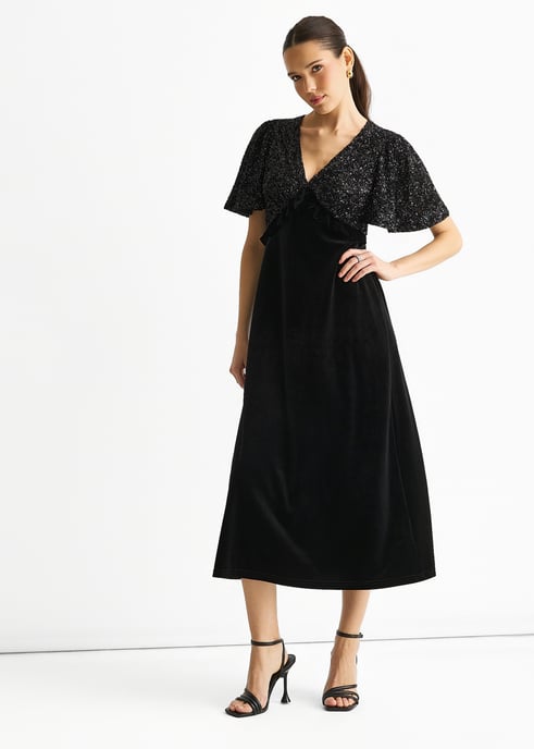 Vestido midi de terciopelo premium con top de lentejuelas negras para ocasiones especiales - Image 3