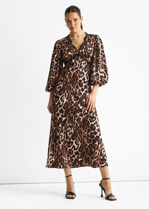 Vestido midi de satén con ribete de encaje marrón animal print - Image 1