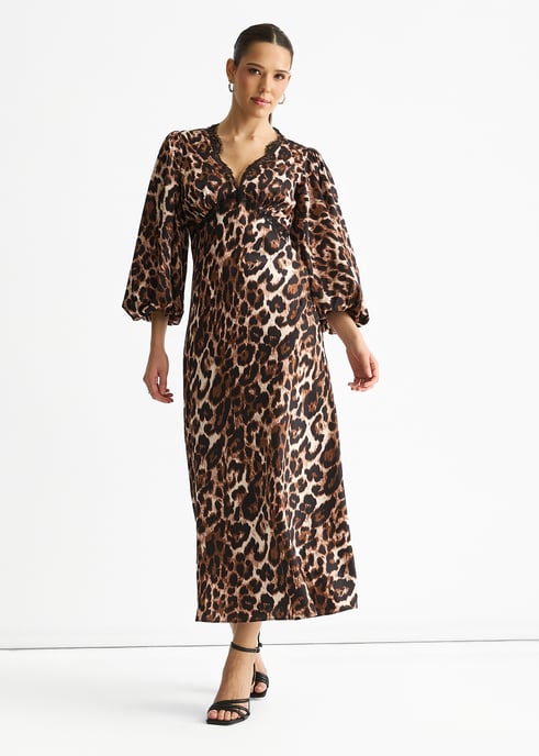 Vestido midi de satén con ribete de encaje marrón animal print - Image 3