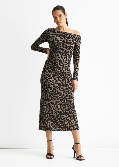Vestido midi gris de punto animal con un solo hombro - Image 3