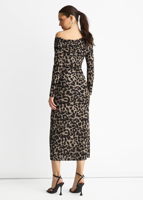 Vestido midi gris de punto animal con un solo hombro - Image 4
