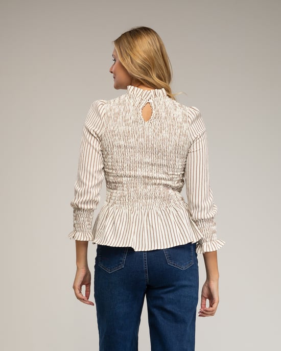 Blusa de manga larga, de rayas con nido de abeja en el  pecho y puños. - Image 2