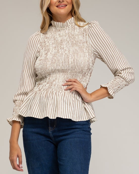 Blusa de manga larga, de rayas con nido de abeja en el  pecho y puños. - Image 3