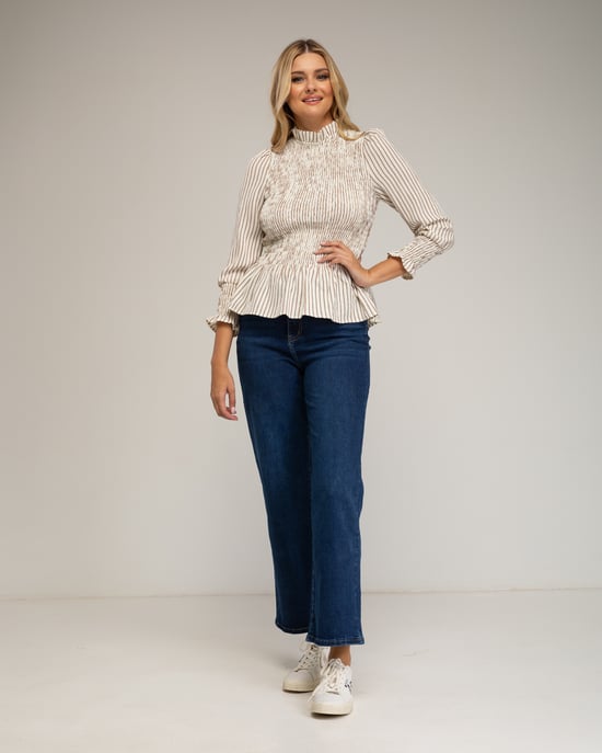 Blusa de manga larga, de rayas con nido de abeja en el  pecho y puños. - Image 4