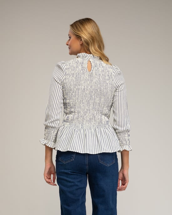 Blusa de manga larga, de rayas con nido de abeja en el  pecho y puños. - Image 2
