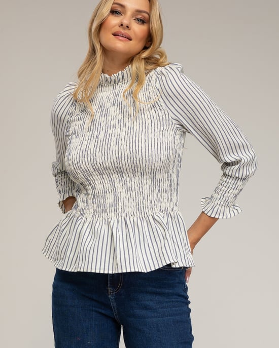 Blusa de manga larga, de rayas con nido de abeja en el  pecho y puños. - Image 3