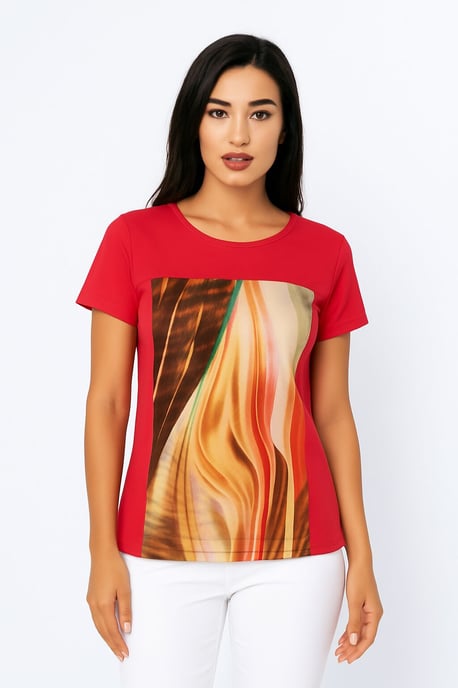 Top de jersey con estampado abstracto rojo en viscosa y elastano - Image 2