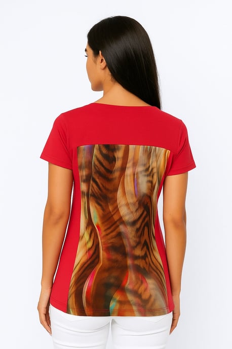 Top de jersey con estampado abstracto rojo en viscosa y elastano - Image 4