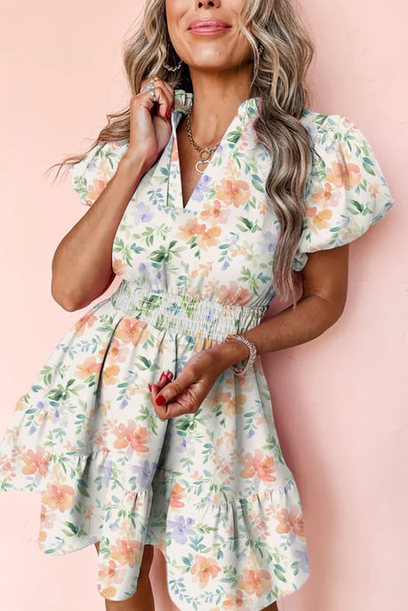 Vestido Mini Floral con Falda de Volantes y Mangas Abullonadas - Image 1