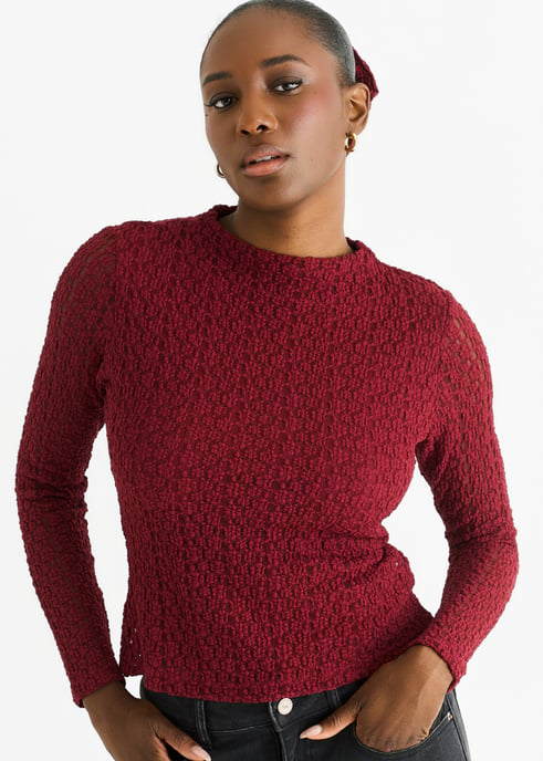 Top de manga larga con cuello alto y encaje de jersey en color burdeos - Image 2