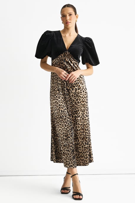 Vestido midi de terciopelo negro con contraste animal print para ocasiones especiales - Image 1