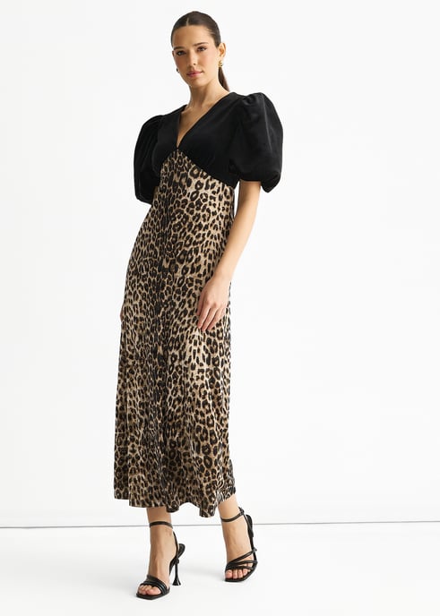 Vestido midi de terciopelo negro con contraste animal print para ocasiones especiales - Image 3