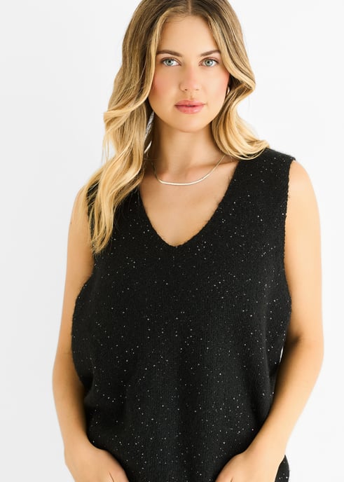 Jersey de punto con cuello en V y lentejuelas negras brillantes - Image 2