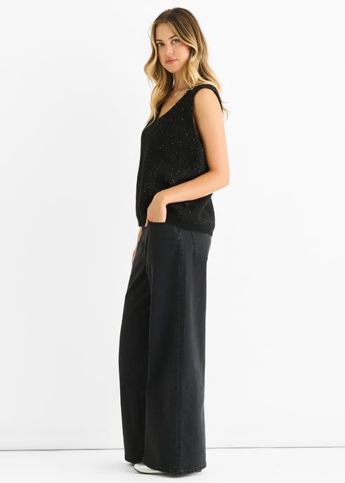 Jersey de punto con cuello en V y lentejuelas negras brillantes - Image 3