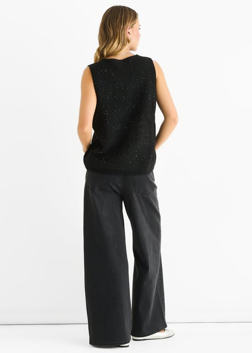 Jersey de punto con cuello en V y lentejuelas negras brillantes - Image 4