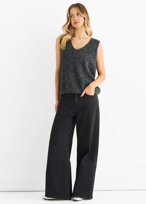 Jersey de punto con cuello en V y lentejuelas grises brillantes - Image 1