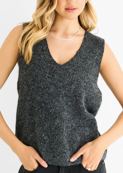 Jersey de punto con cuello en V y lentejuelas grises brillantes - Image 2