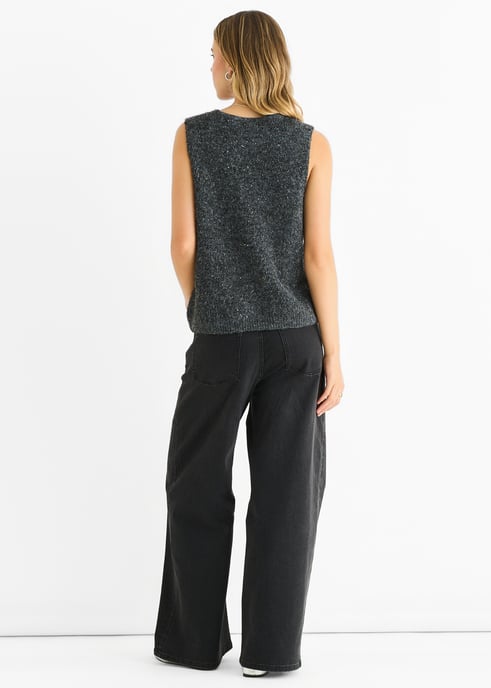 Jersey de punto con cuello en V y lentejuelas grises brillantes - Image 4