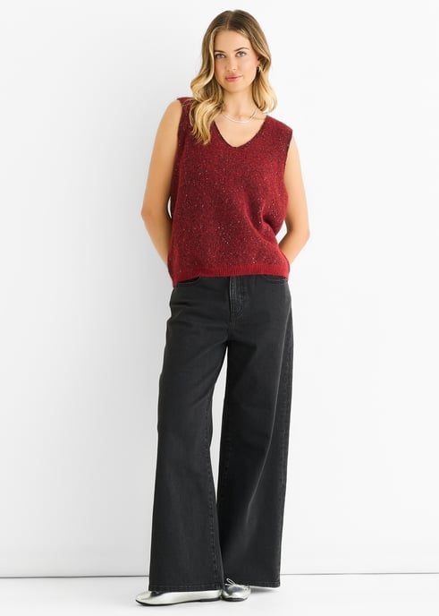 Jersey de punto con cuello en V y lentejuelas rojas brillantes - Image 1