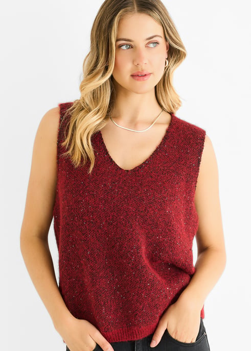 Jersey de punto con cuello en V y lentejuelas rojas brillantes - Image 2