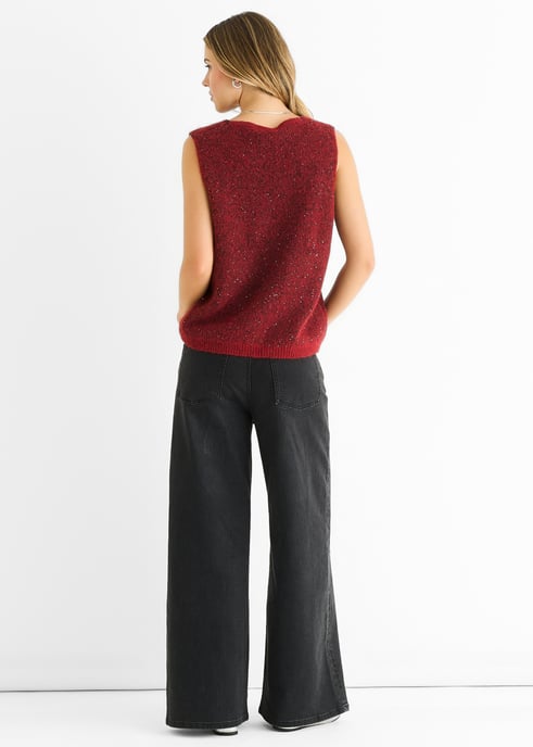 Jersey de punto con cuello en V y lentejuelas rojas brillantes - Image 4