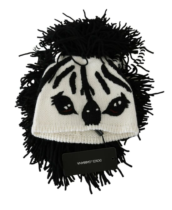 Gorro de punto de cebra con flecos en crema y negro - Image 5