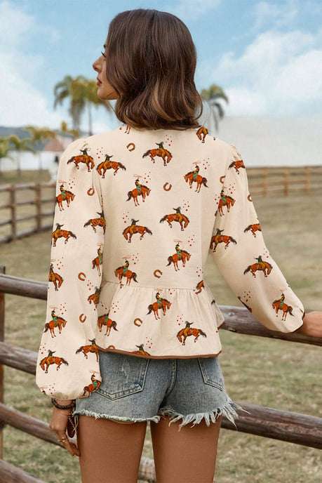Blusa de V con Estampado de Vaquero y Corbata - Image 2