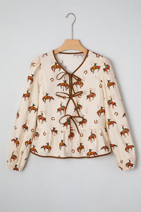 Blusa de V con Estampado de Vaquero y Corbata - Image 3