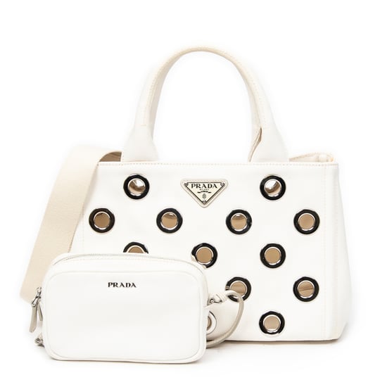Prada Small Grommet Canapa Tote en Marfil Lienzo - Image 1