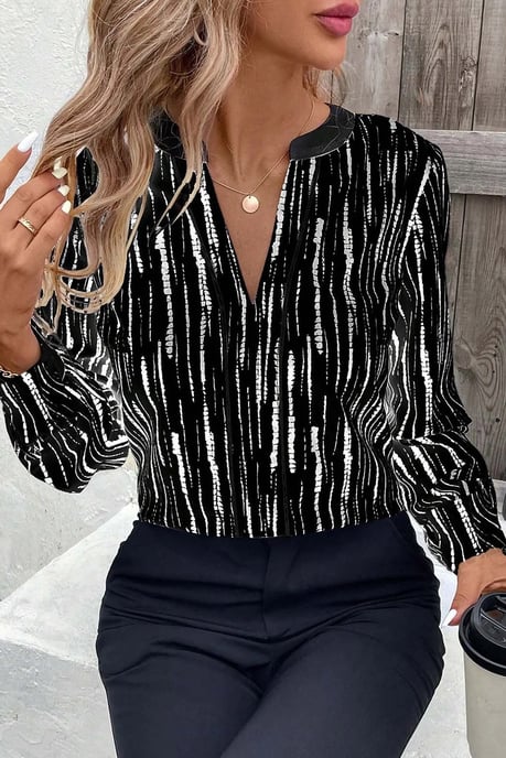 Blusa de manga larga con cuello en V a rayas - Image 3