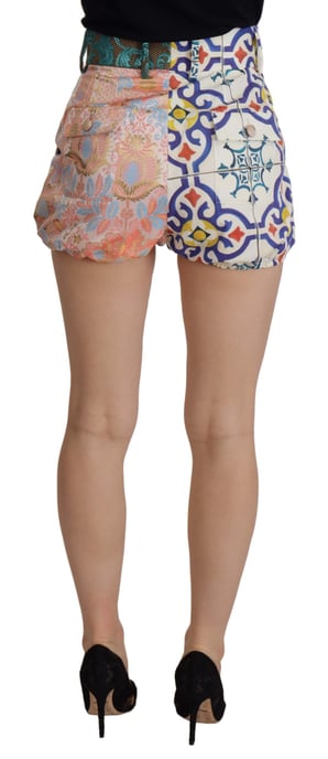 Pantalones Cortos de Seda Brocada de Cintura Alta con Motivo Patchwork - Image 2