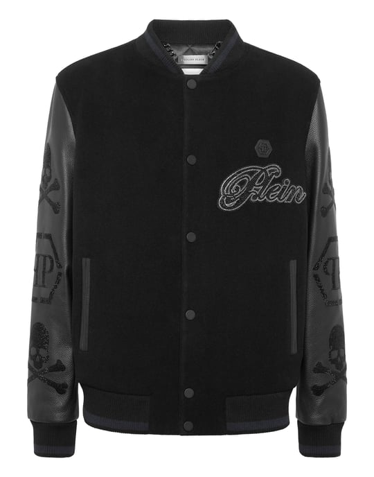 Wool & Leather Varsity Bomber Jacket Patches Stones - Image 1