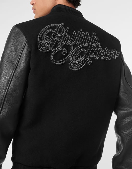 Wool & Leather Varsity Bomber Jacket Patches Stones - Image 3