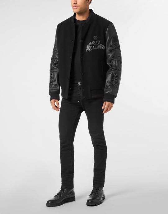 Wool & Leather Varsity Bomber Jacket Patches Stones - Image 4