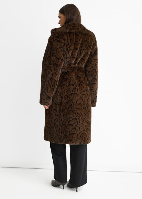 Abrigo con cinturón de piel sintética premium con estampado de leopardo chocolate - Image 3