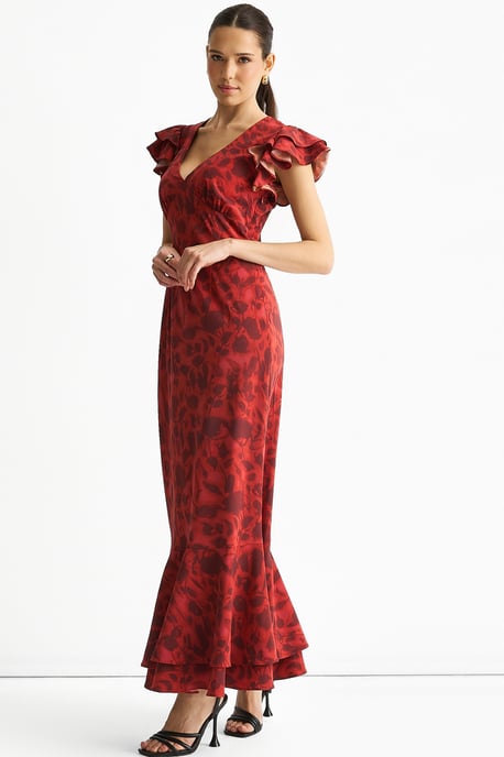 Vestido largo con cuello en V rojo, estampado floral y volantes - Image 3