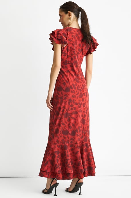 Vestido largo con cuello en V rojo, estampado floral y volantes - Image 4