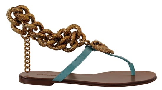 Sandalias Planas de Piel Embellecidas con Cadena Azules - Image 1