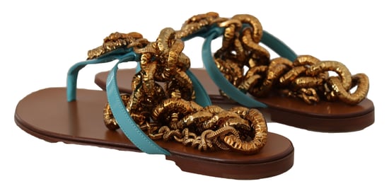Sandalias Planas de Piel Embellecidas con Cadena Azules - Image 4