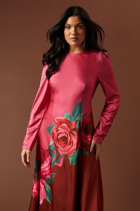 Premium Satin Placement Print Button Detail Maxi Dress - Image 2