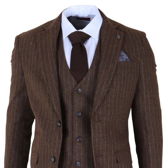 Traje de noche formal de tres piezas de raya diplomática marrón para hombre - Image 4
