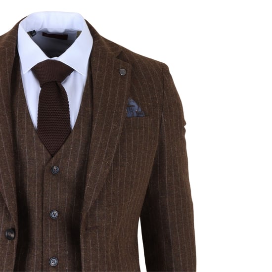 Traje de noche formal de tres piezas de raya diplomática marrón para hombre - Image 5