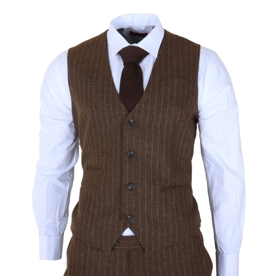 Traje de noche formal de tres piezas de raya diplomática marrón para hombre - Image 6