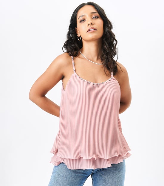 Camiseta sin mangas plisada de doble capa con ribete Diamante en color rosa - Image 3