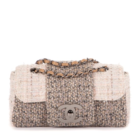 Chanel Vintage Tweed Turnlock Single Flap en Beige/Gris Lienzo - Image 1